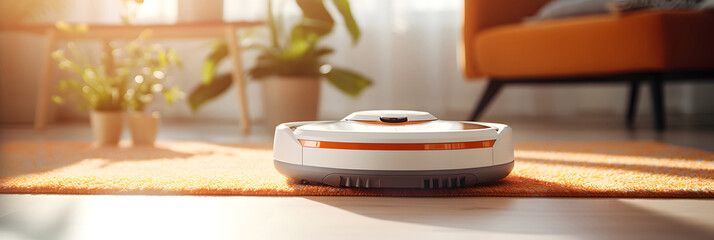 Robot vacuum cleaner on the floor in the living room on the carpet close-up