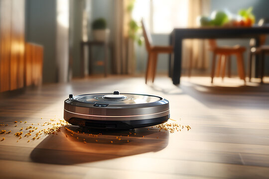 Robot vacuum cleaner removes crumbs from the floor of modern dining room close-up