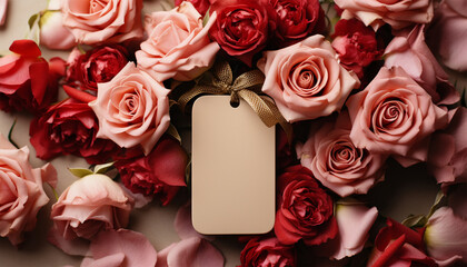 Blank empty tag mock up with romantic flowers. Wedding. Mothers Day. Valentine's Day. Birthday. Happy woman's day theme copy space. Romantic design - obrazy, fototapety, plakaty