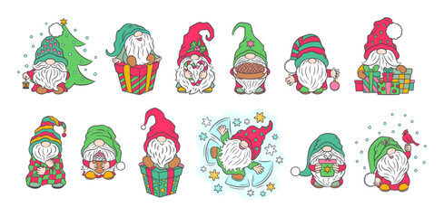 Christmas gnomes big set cartoon vector illustration. Playful Christmas characters fun Scandinavian gnome collection. Xmas festive holiday clipart for cute print. Traditional Christmas bright colors.