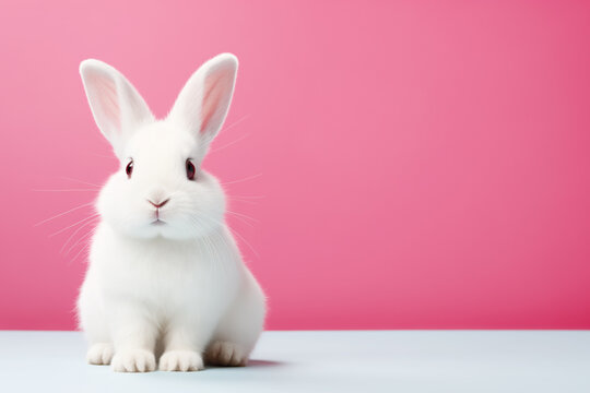 Cute white rabbit sits on a pink color background with copy space. Template for Valentine's Day, Easter or for advertising.