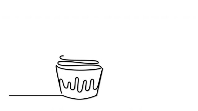 Cake, maffin and cherry berry on top silhouette self drawing line animation. White glowing line animated on black background.	