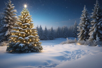 Fir tree and decorations with christmas light behind, Christmas Holiday background with snow.