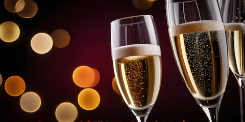 Three glasses of champagne with white bubbles, colorful lights background, Generative Ai