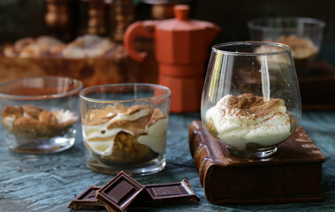 Italian dessert tiramisu in glasses