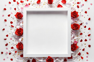 薔薇の花とコンフェッティーの背景の中心にある白いフレーム.generative AI