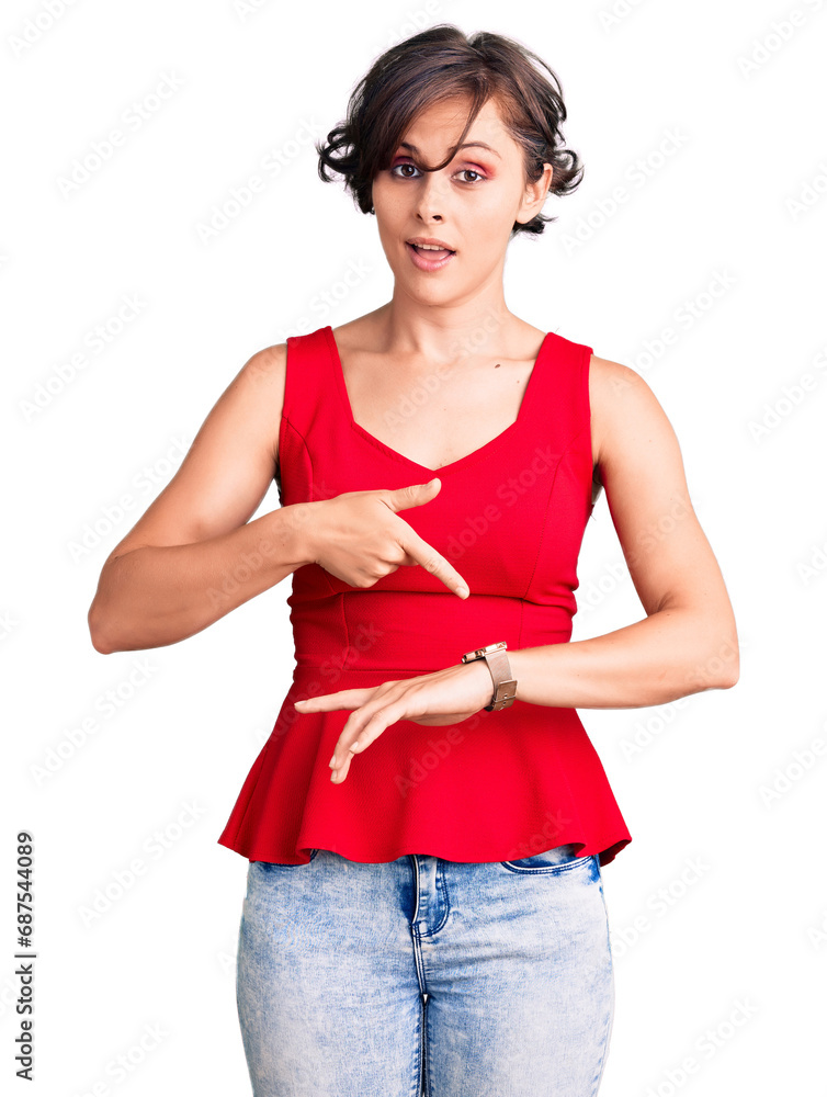 Sticker beautiful young woman with short hair wearing casual style with sleeveless shirt in hurry pointing t