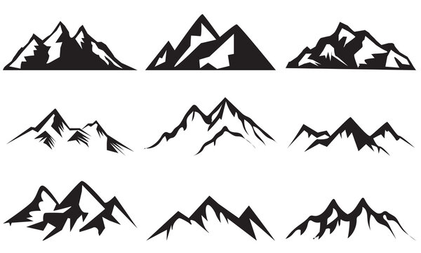 Mountain silhouette set. Rocky mountains icon or logo collection. Mountain vector set. Set of hill shapes isolated on white background. Vector illustration