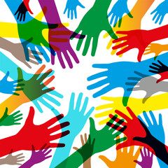 Outstretched, growing hands. The multicultural concept of the community team. Vector illustration.