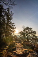 Landscape shot in sunrise, cold winter landscape from a sandstone rock in the middle of the forest. Pure nature in the morning from a viewpoint, the Schlüsselfelsen in the Palatinate Forest, Germany