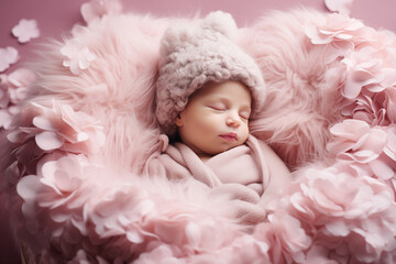 A newborn baby in a knitted cap sleeps peacefully on a pink fluffy pillow in the shape of a heart with flowers