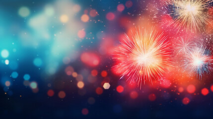 Obraz premium Firework explosion and bokeh in New Year eve. New year festive abstract background. Copy space. Generative Ai illustration.