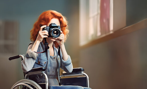 Retrato ilustración de una joven fotógrafa pelirroja, en silla de ruedas, con cámara réflex