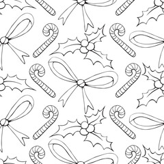 Fototapeta na wymiar Vector seamless pattern of Christmas symbols in doodle style. Outline background and texture on theme New Year, xmas