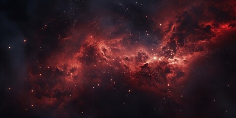 A close-up of a deep red nebula with swirling dust and glittering stars.