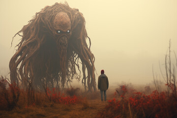 fantastic picture of a nightmare, a fictional giant creature next to a man on a foggy autumn field - obrazy, fototapety, plakaty
