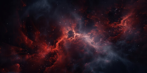 Fototapeta na wymiar A close-up of a deep red nebula with swirling dust and glittering stars.