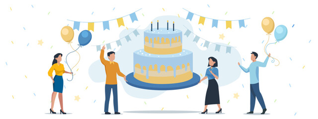 Vector of men and women with birthday cake, balloons celebrate.