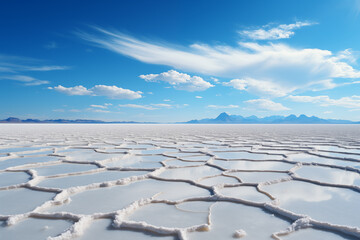 landscape of dry salt lake bed with white cracked surface - obrazy, fototapety, plakaty