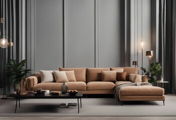Comfortable brown sofa in an elegant room Furniture for modern living room interior