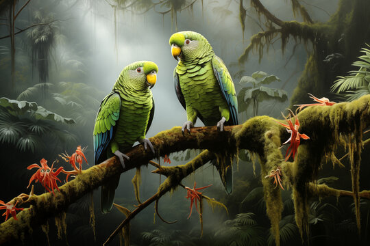 parrots in the rainforest, realistic painting in vintage style
