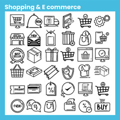 collection of shopping and e-commerce icons, hand drawn icons in outline style