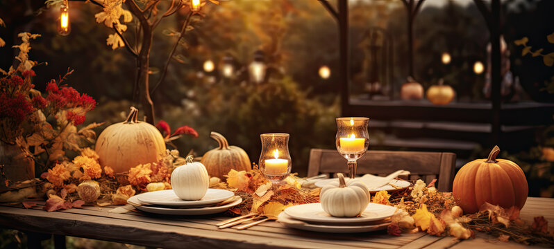 Outdoor fall autumn table setting with fall leaves and pumpkins 