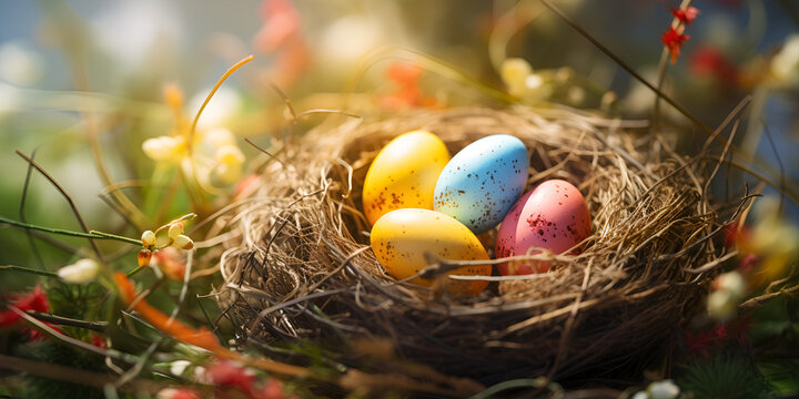 easter eggs in a nest,  A Birds Nest And Decorated Eggs Background, A close up of a pile of colorful easter eggs ,easter wallpaper high quality 4k ultra hd  generative ai
