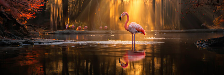 Pink flamingo in the early morning light 