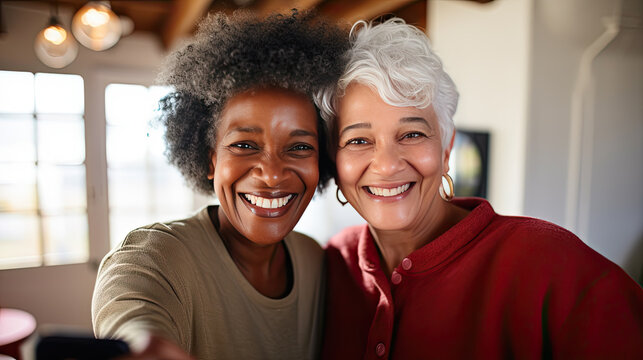 Two smiling older women taking a selfie