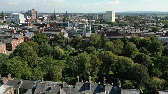 Preston, Lancashire, UK, September 06, 2023; high aspect aerial view over historical Winckley Square and the town cityscape of Preston, Lancashire, England