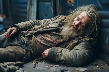 Homeless man in old dirty clothes sleeping in the street - 687546613