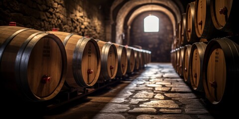Wine barrels in a cellar. - obrazy, fototapety, plakaty