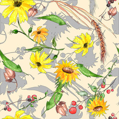 Watercolor seamless pattern. Branch with berry Watercolor background, drawing with autumn leaves, plants, berries, branches of linden, aspen. Spikelet, wheat, wild grass.Chamomile flower, calendula. 