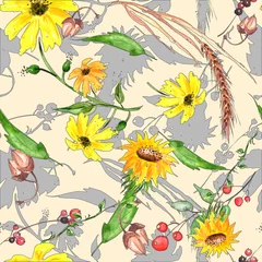 Fotobehang Watercolor seamless pattern. Branch with berry Watercolor background, drawing with autumn leaves, plants, berries, branches of linden, aspen. Spikelet, wheat, wild grass.Chamomile flower, calendula.  © helgafo