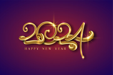 Happy new year 2024 banner. Golden luxury text 2023 Happy Holiday Gold Festive Numbers Design, vector illustration isolated on a purple background 