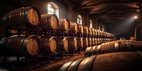 Wine barrels in a cellar.