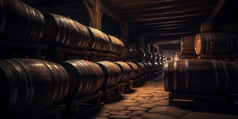 Wine barrels in a cellar. - obrazy, fototapety, plakaty