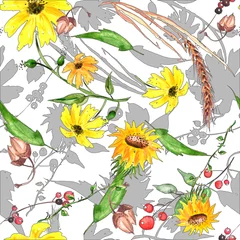 Foto op Plexiglas anti-reflex Watercolor seamless pattern. Branch with berry Watercolor background, drawing with autumn leaves, plants, berries, branches of linden, aspen. Spikelet, wheat, wild grass.Chamomile flower, calendula.  © helgafo