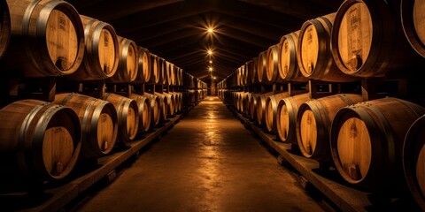 Wine barrels in a cellar.
