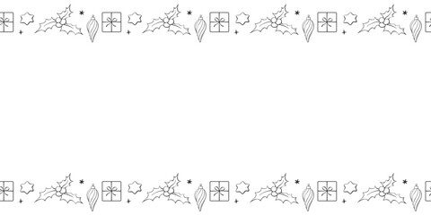 Vector background, frame, border of outline festive xmas symbols - presents, stars, holly berries. Horizontal top and bottom edging for Merry Christmas, Happy New Year
