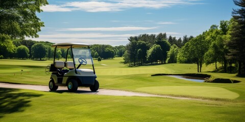 Golf course with cart on a sunny day.