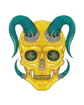 Demon skull surrealist turquoise  diamond and block opal set with gold design by hand drawing.