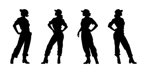 Female construction worker with hat and work overall. Set of working woman in different poses and color options. Silhouette of female workers in uniform. Vector illustration isolated on white	