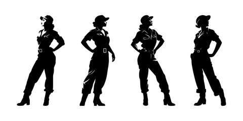 Female construction worker with hat and work overall. Set of working woman in different poses and color options. Silhouette of female workers in uniform. Vector illustration isolated on white	