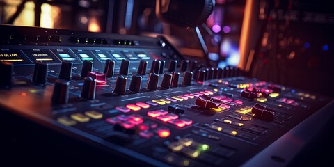 Sound mixing console with colorful knobs.