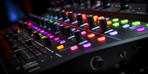 Fototapeta na wymiar Sound mixing console with colorful knobs.