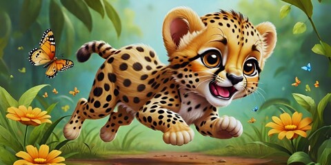 Cute baby Cheetah in the jungle, Cute baby Animals, AI generative images, Generative AI