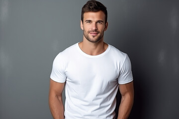 Obraz premium Portrait of a young man standing a front of a gray wall with hands in pockets and smiling at the camera.