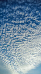 Blue sky and White cloud nature background. A daytime view of clouds and blue sky. Sparse cumulus cloud in blue sky, ground view.
